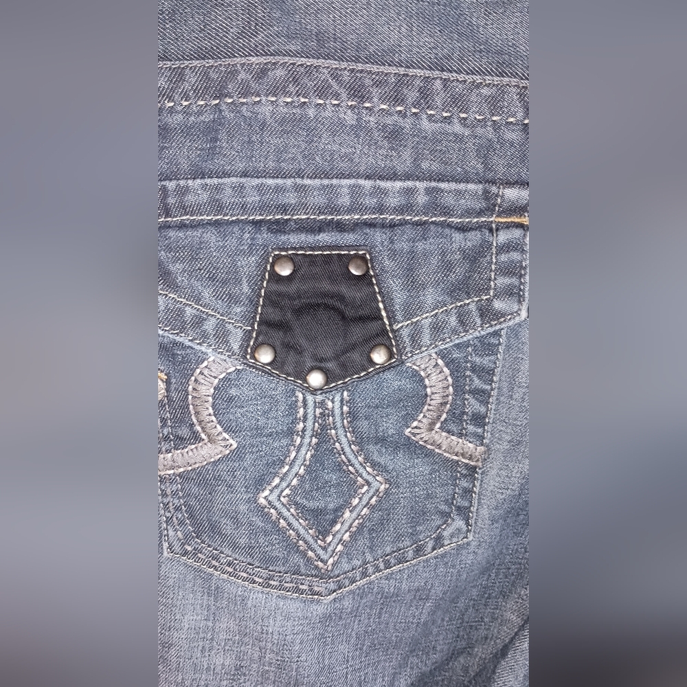 Marc Ecko Cut Sew Blue Jeans Back Flap Pockets Distressed 36 X 33.5